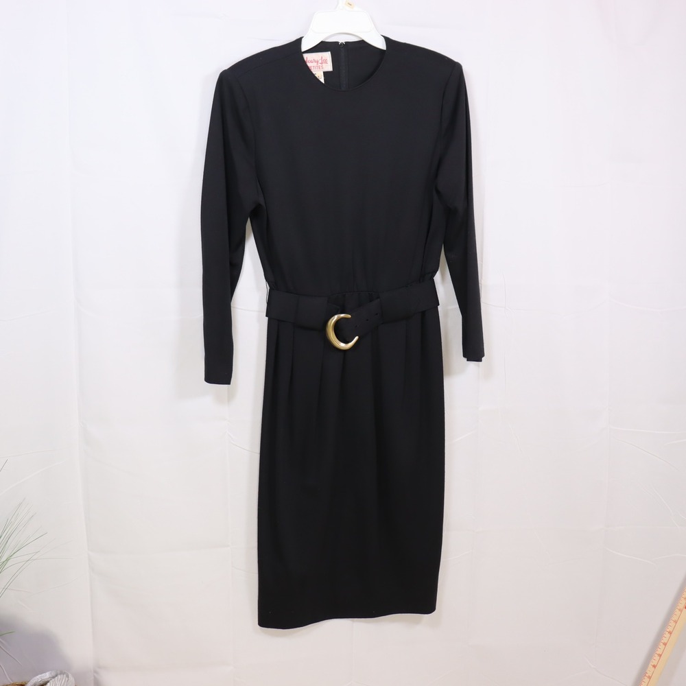 Henry‎ Lee Sheath Dress 8P Black Womens Belted Vintage Midi Long Sleeve Office